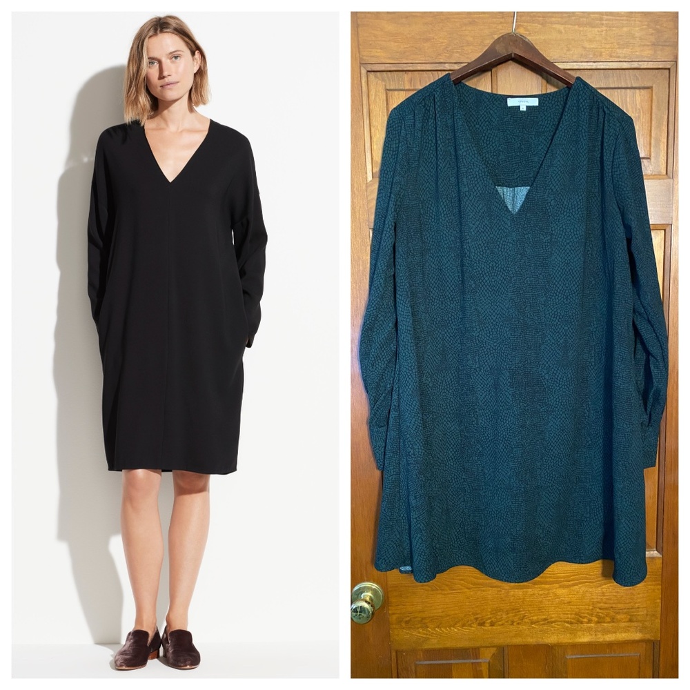 Vince V-Neck Long Sleeve Popover Dress in Green Print size M